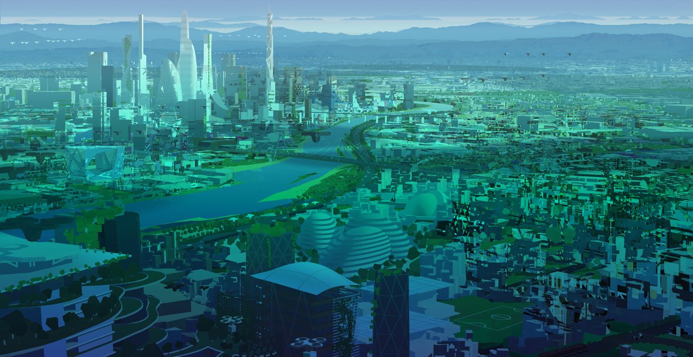 Rendering of the Future World Vision's Mega City 2070 skyline.