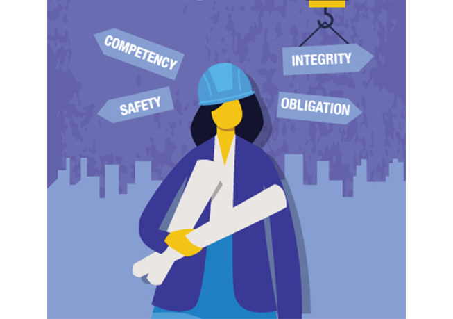Graphic of a woman in a hard hat holding blueprints with the caption "Competency, Integrity, Safety, Obligation"