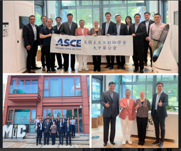 Visit to Hong Kong Construction Industry Council. There are three pictures. The top one has 13 people holding a banner. The bottom left has 13 people standing in front of a building. The bottom right has 4 people giving a thumbs up to the camera. 