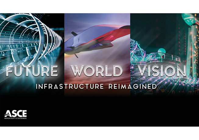A triptych with futuristic renderings of a tunnel, aircraft, and skyscraper.
