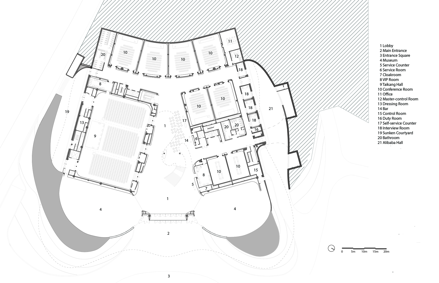 A drawing of the ground floor of a building including the lobby, museum, meeting rooms, and lobby.