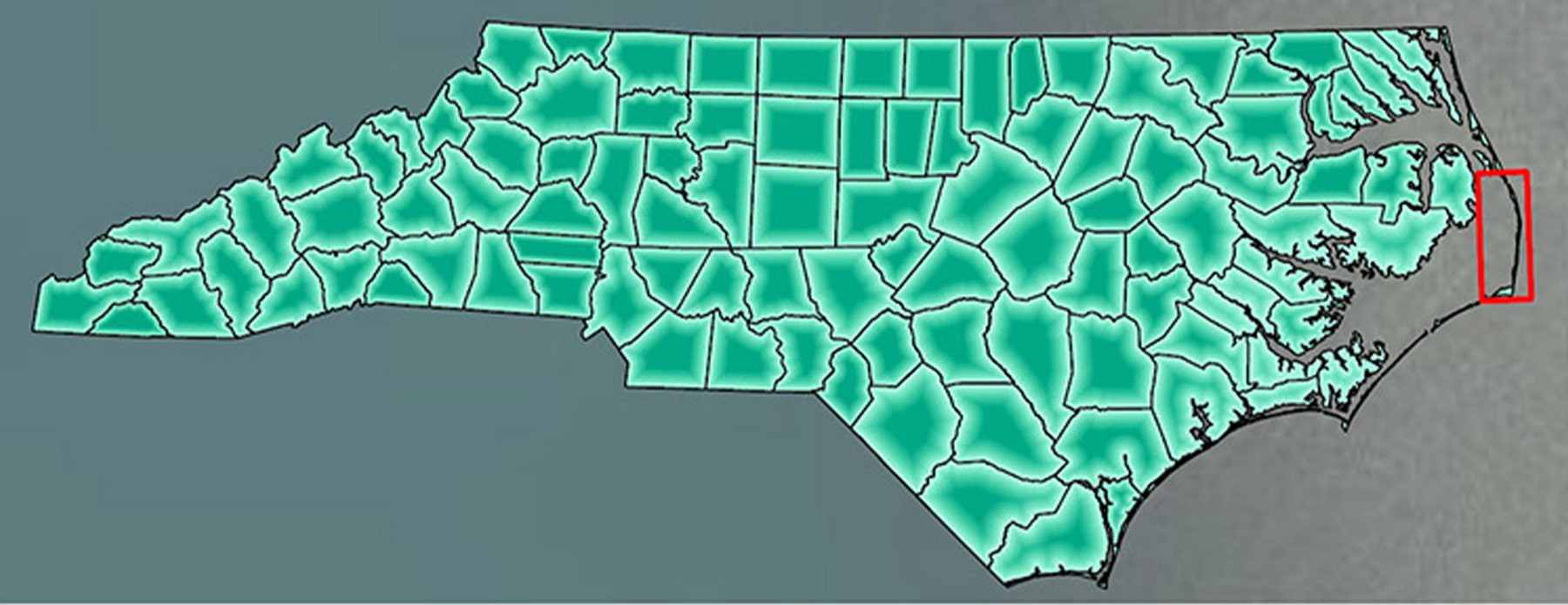 A map of North Carolina showing all the counties as well as the location of a new bridge.