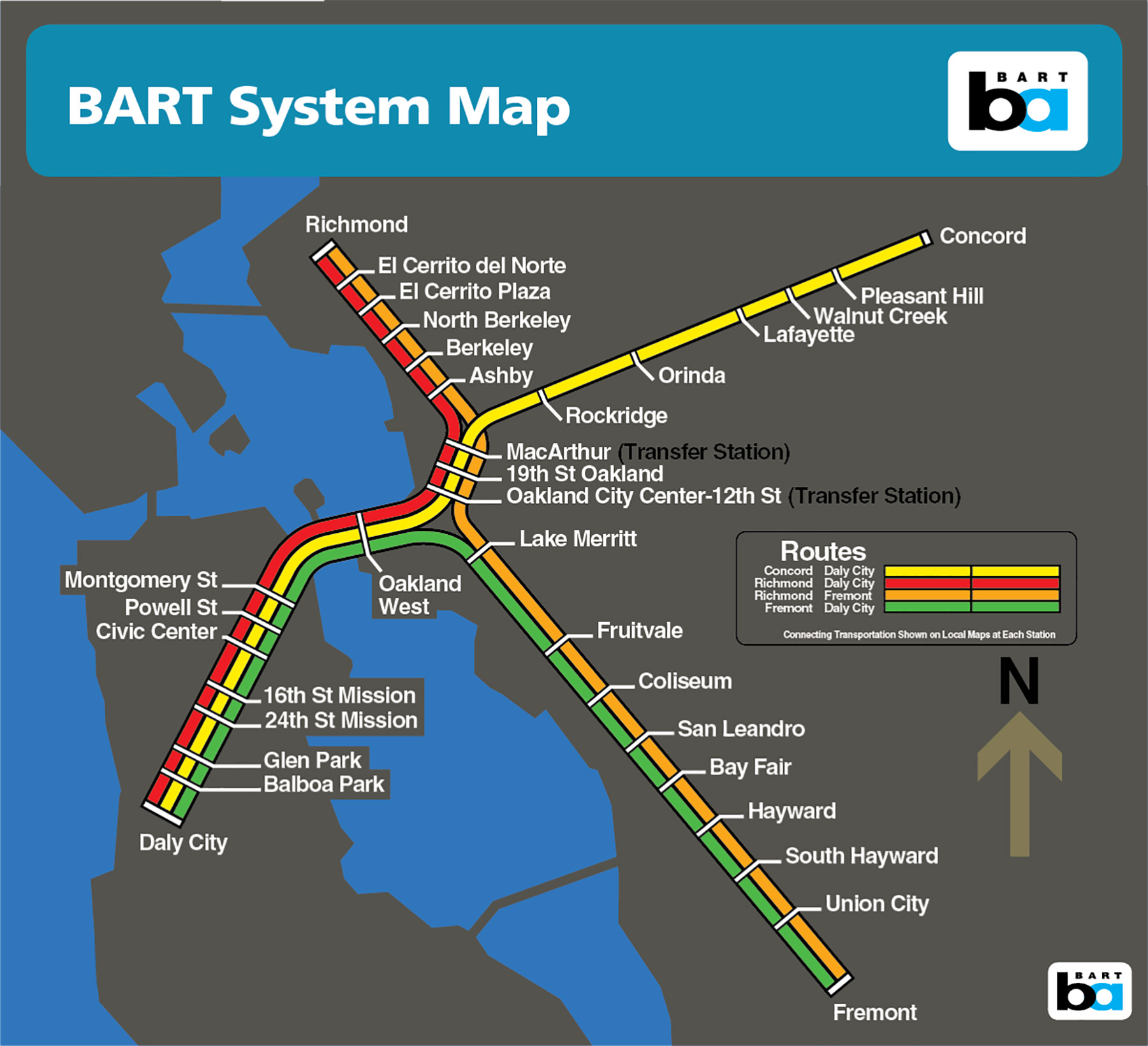 Map shows the BART transit system in 1974
