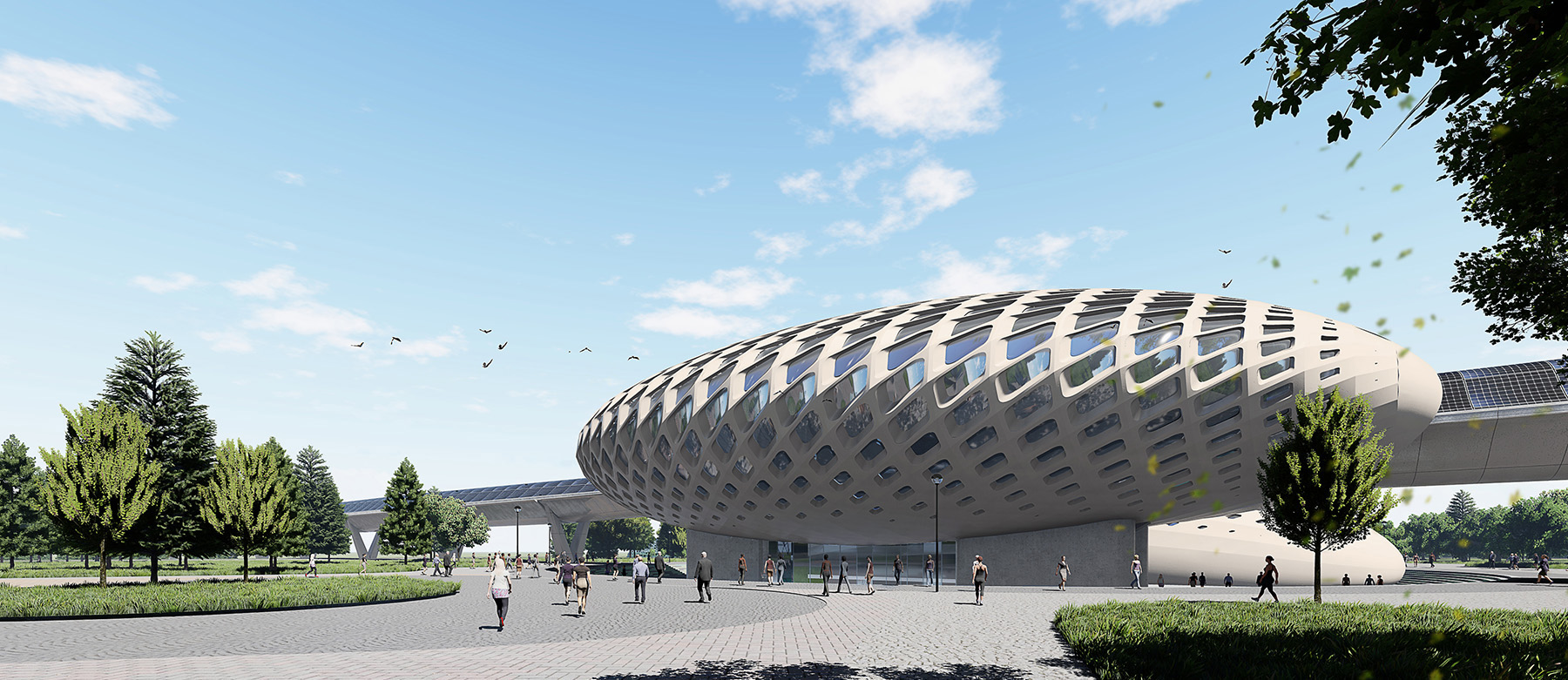 oblong-shaped building with odd-shaped openings for windows