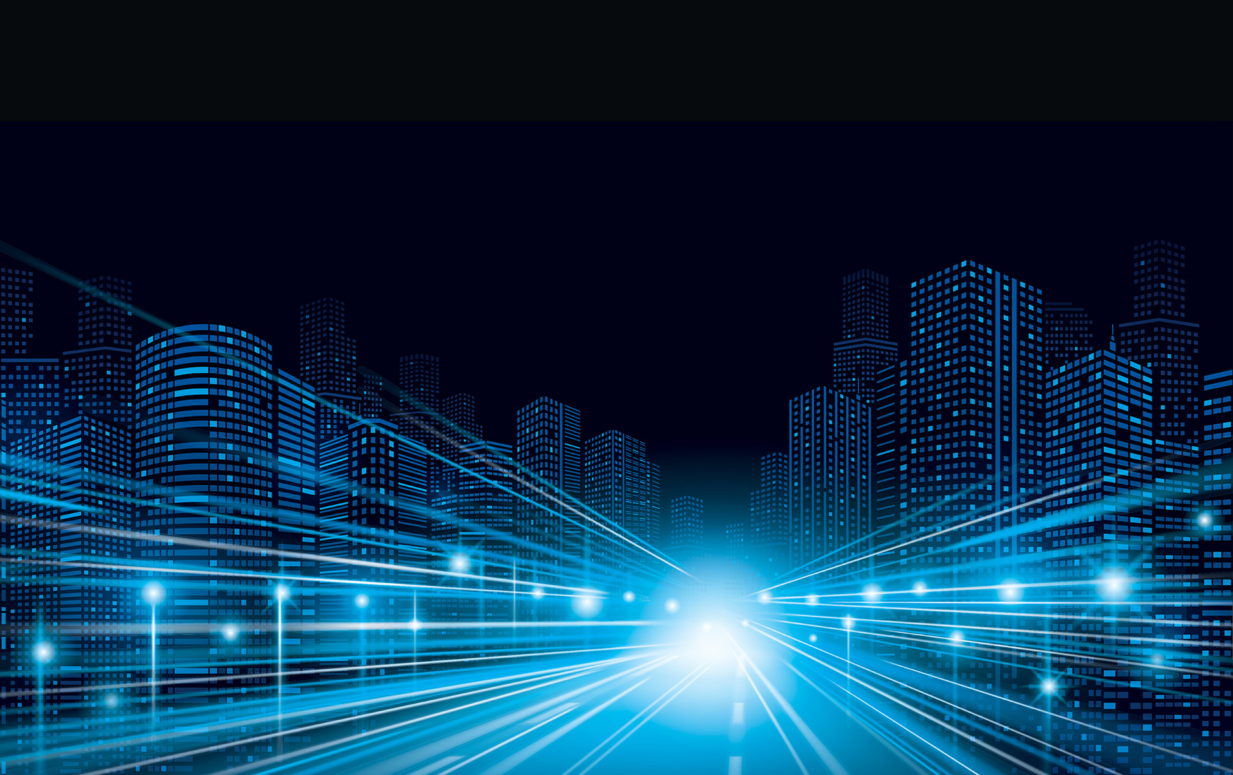 Blue skyscrapers comprising blue squares on a black background. Illustration courtesy of iStock.com/Gugai
