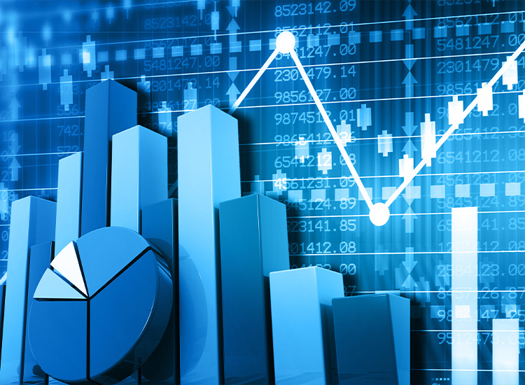 Image shows bar graphs and pie charts and other economic forecast elements.