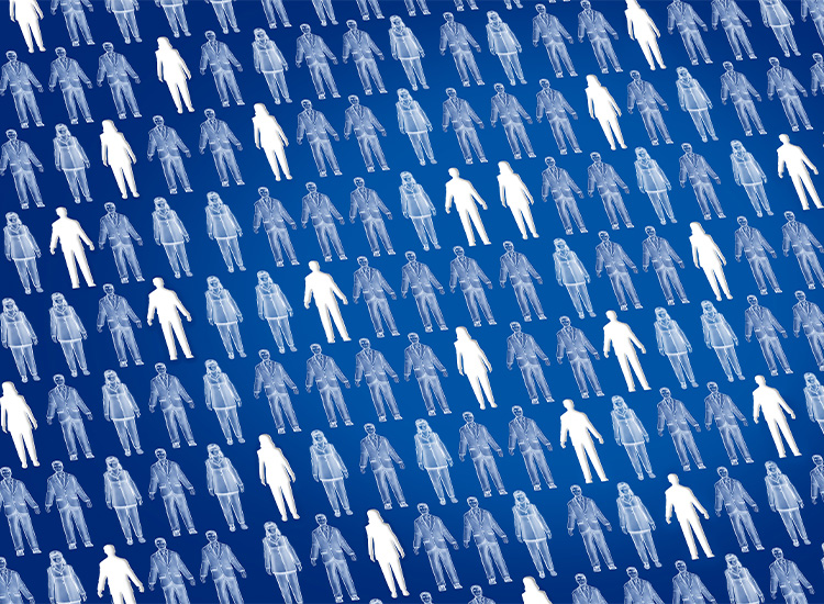 Male and female cartoon people laying down on a blue background. Some of the people are missing and are denoted by white spaces. 