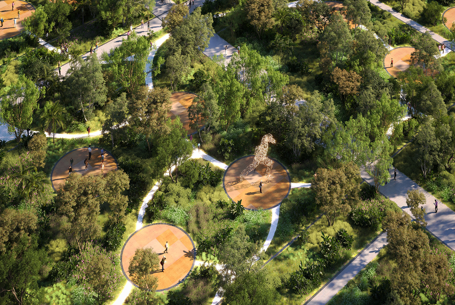 Circular structures dot a treed landscape.