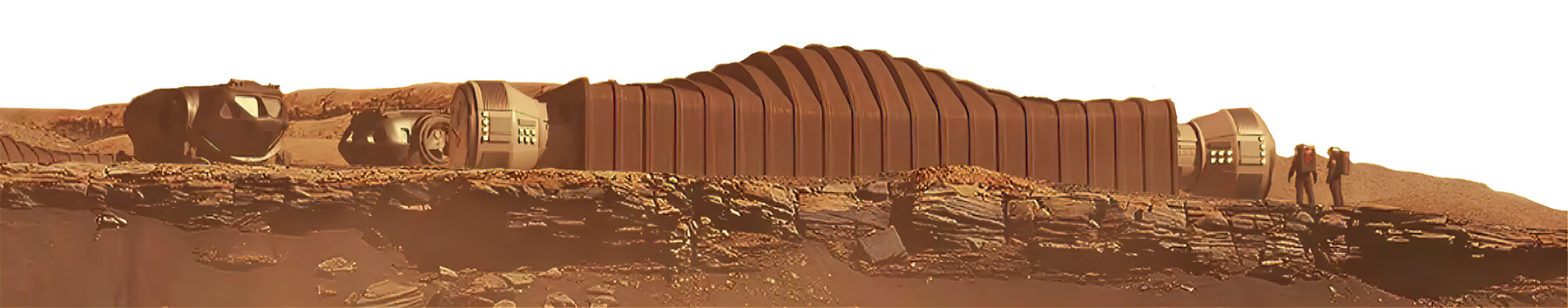 The rendering shows an oblong building with un undulating roof sitting amid a rocky landscape.
