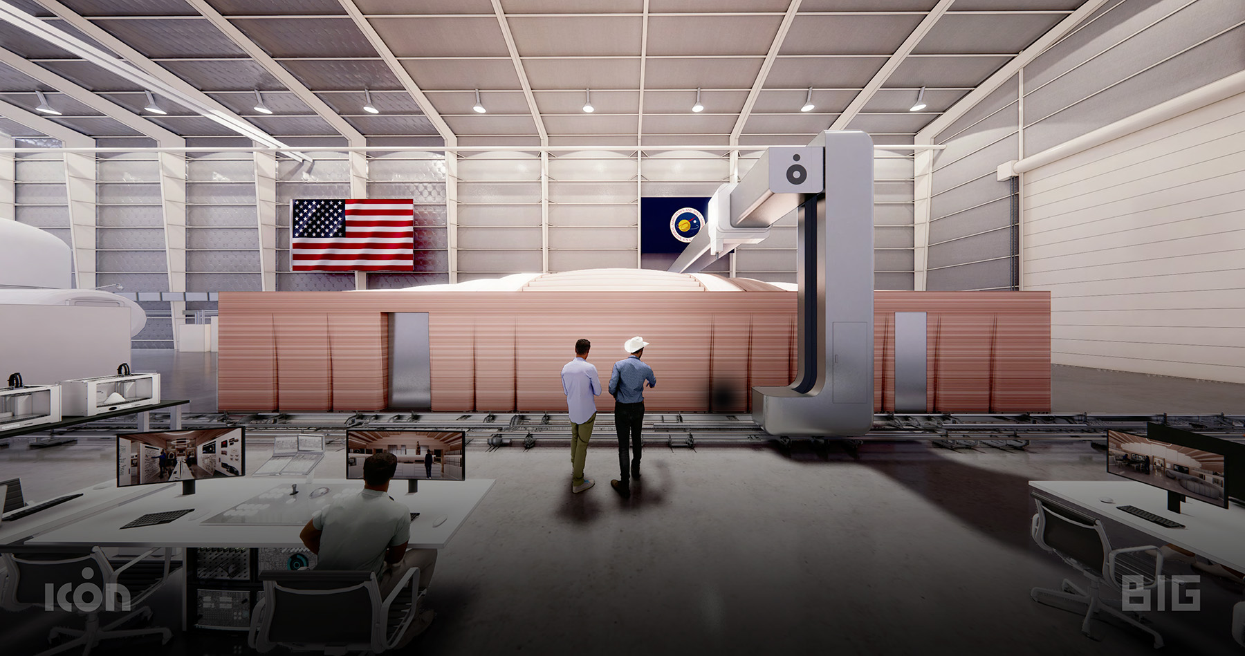 Rendering shows two men standing in front of an indoor, 3D-printed structure. The printer can be seen on the right side.