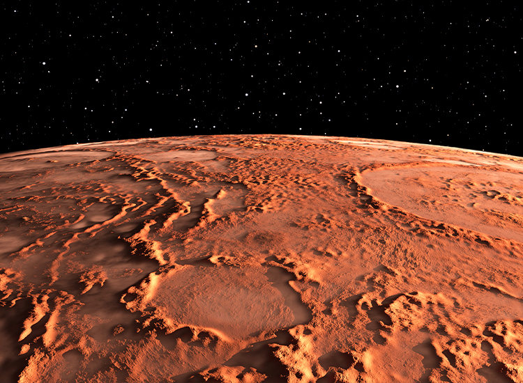 Photograph shows the surface of Mars with canyons, volcanos, and polar ice caps. 