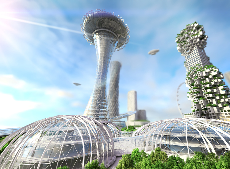 Futuristic city with flying vehicles, innovative architecture, and rapid transit. 