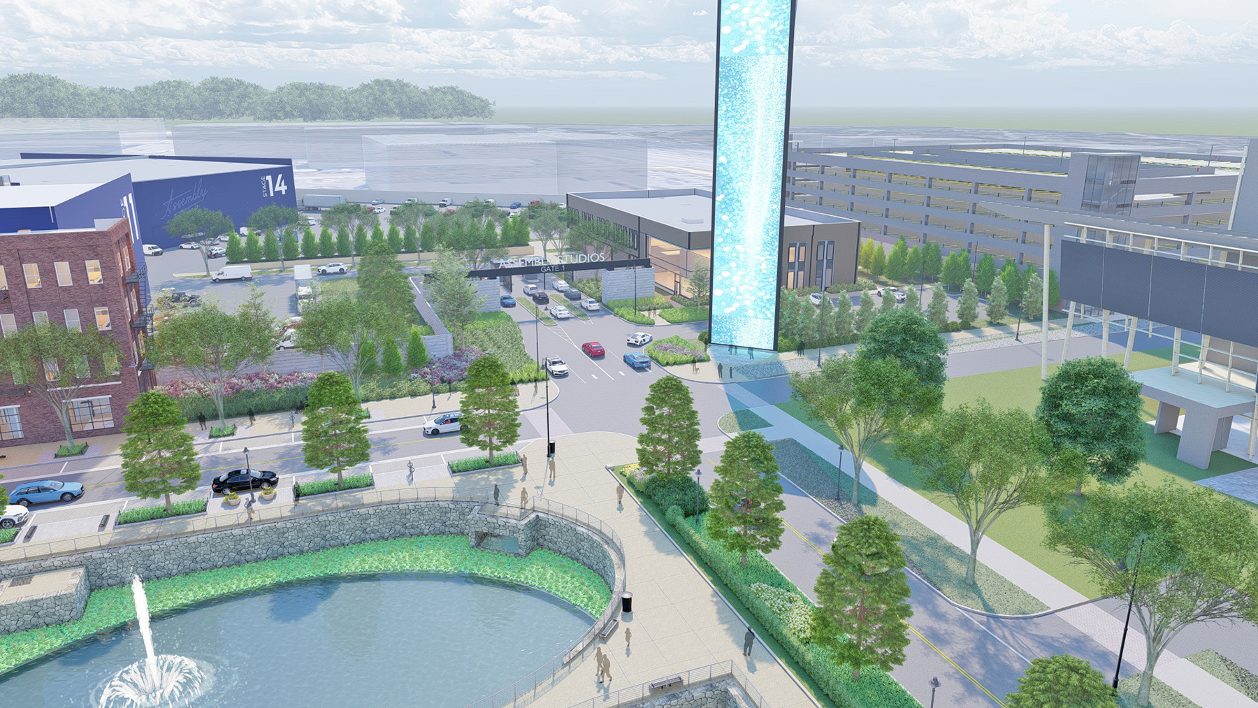 The rendering shows the iconic tower that will be used to display ads and announcements.