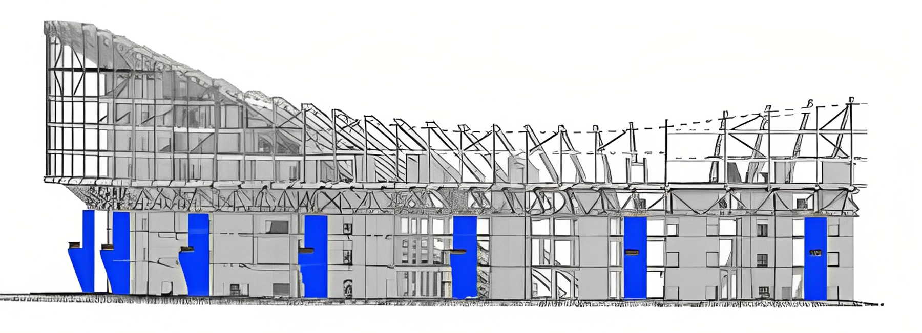 The rendering shows an elevation view of the Lusail Stadium bowl structural system.