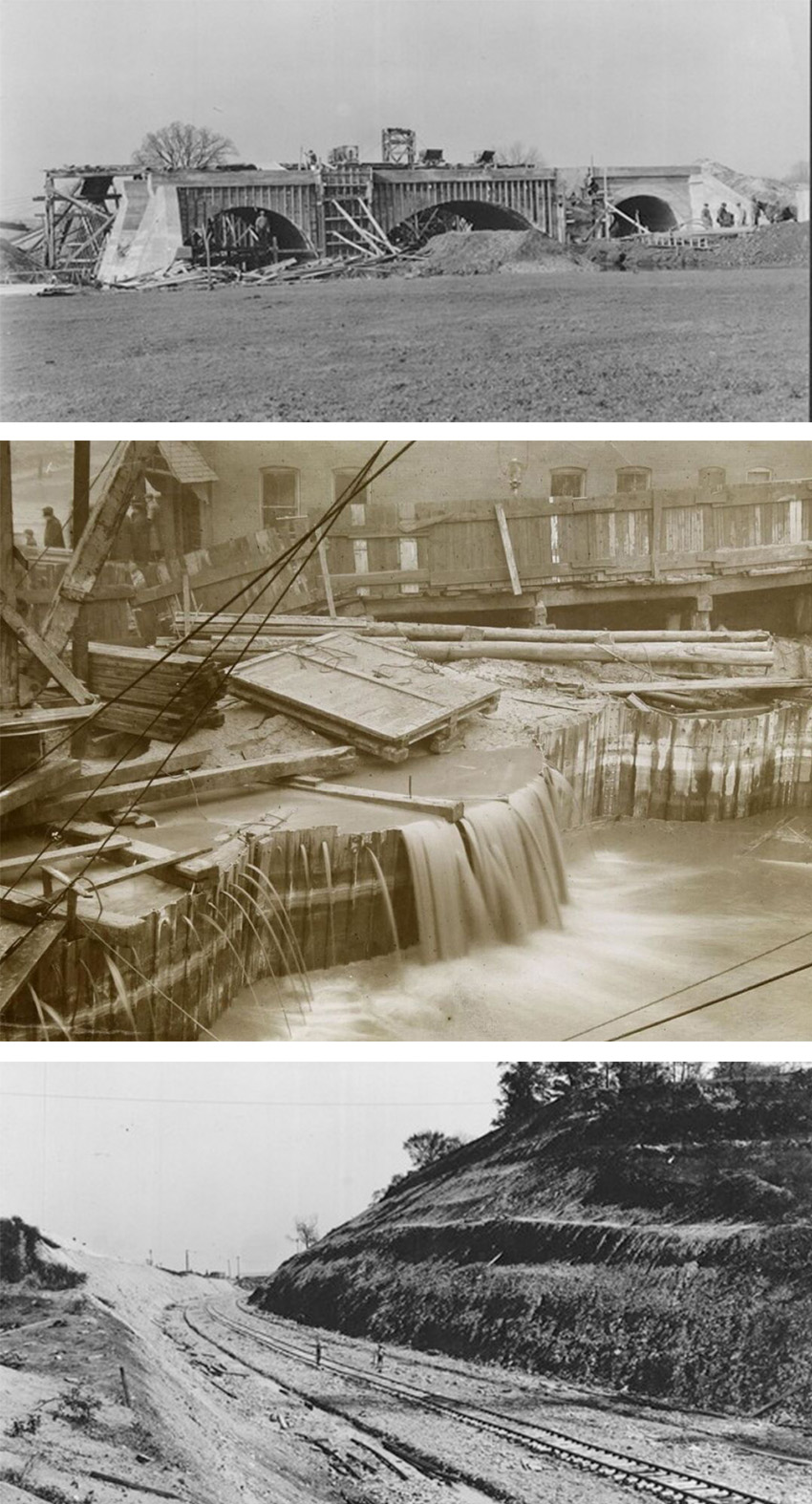 Three images are shown: At the top is a bridge being constructed as part of the infrastructure to mitigate flooding. In the middle is pictured a broken cofferdam that is no longer holding back floodwaters, and the bottom image shows a field cleared of grass that has a railroad track running through it. 