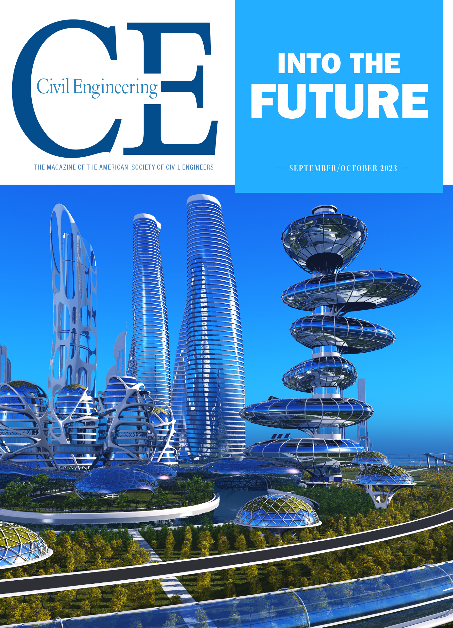 Futuristic city showing high-rise buildings of various shapes with a roadway encircling the cityscape.