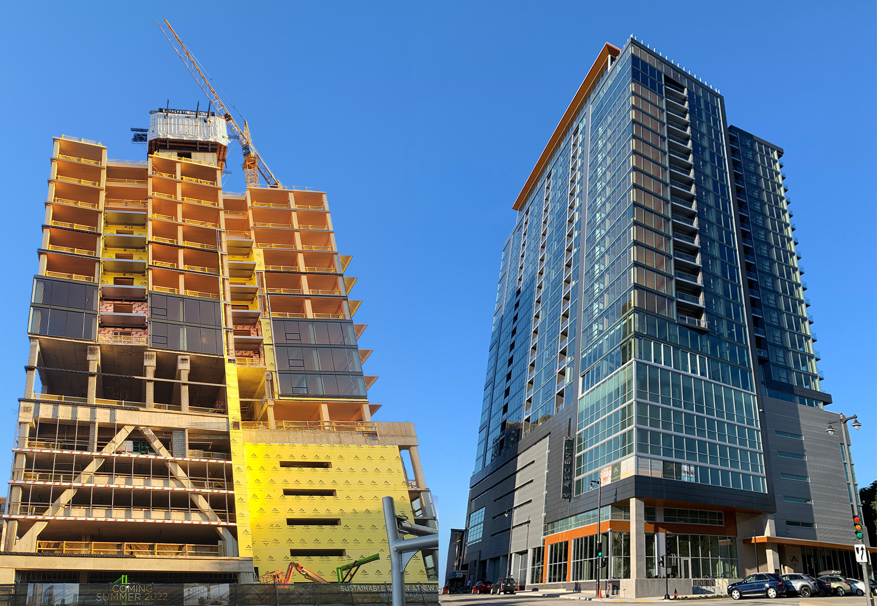 Left photo shows the construction of a high-rise building made of timber and other materials. Right photo shows the construction of a high-rise building made of timber and other materials. 