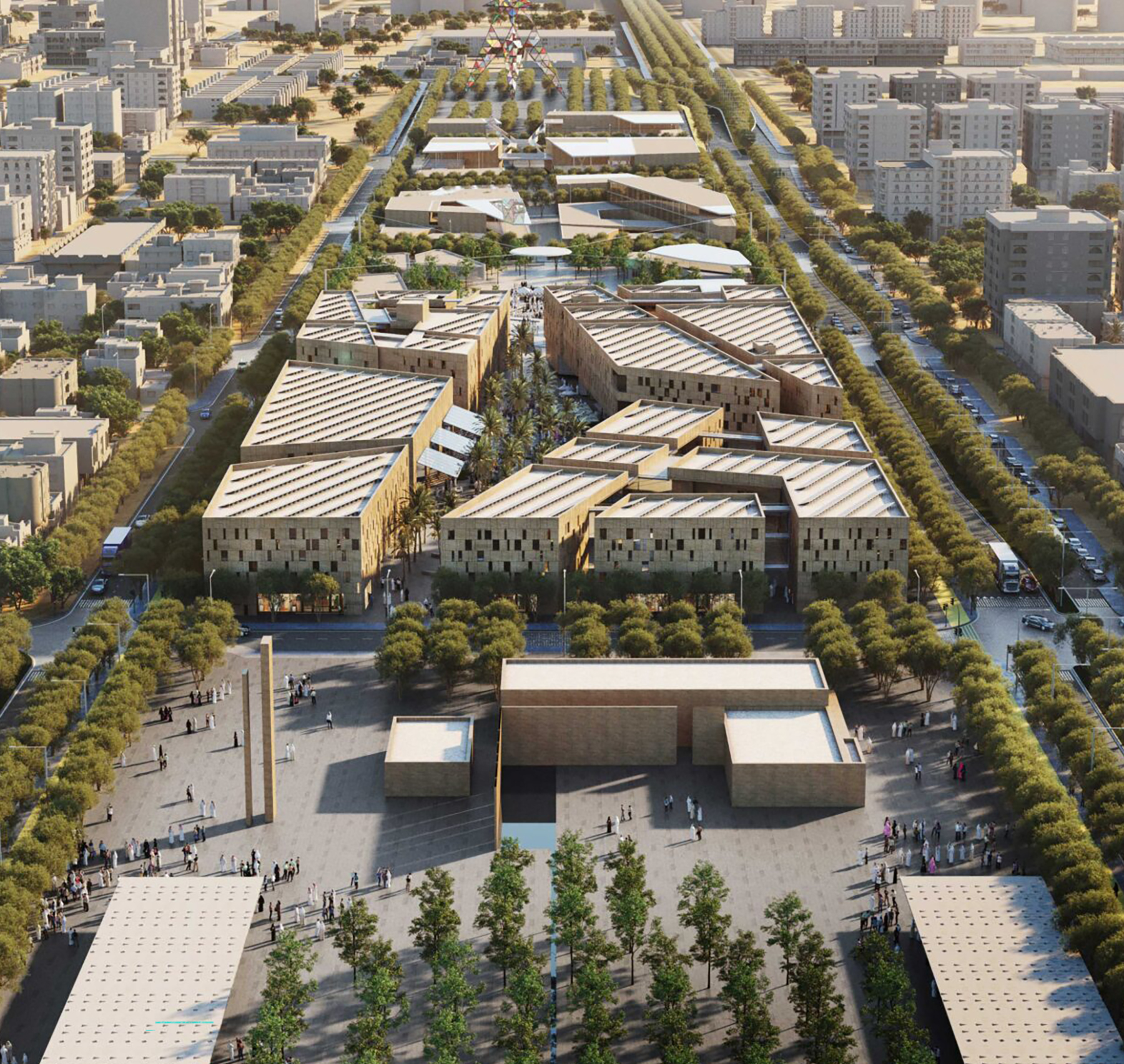 aerial view of buildings surrounded by trees