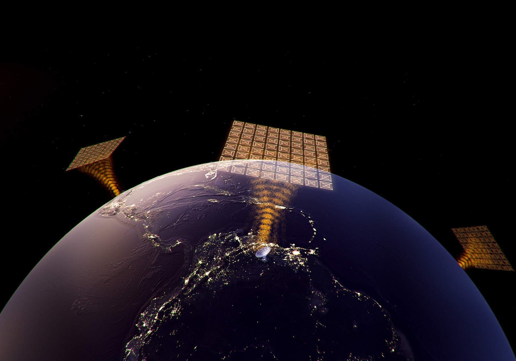 The solar power arrays beam microwave energy down to cities on Earth.