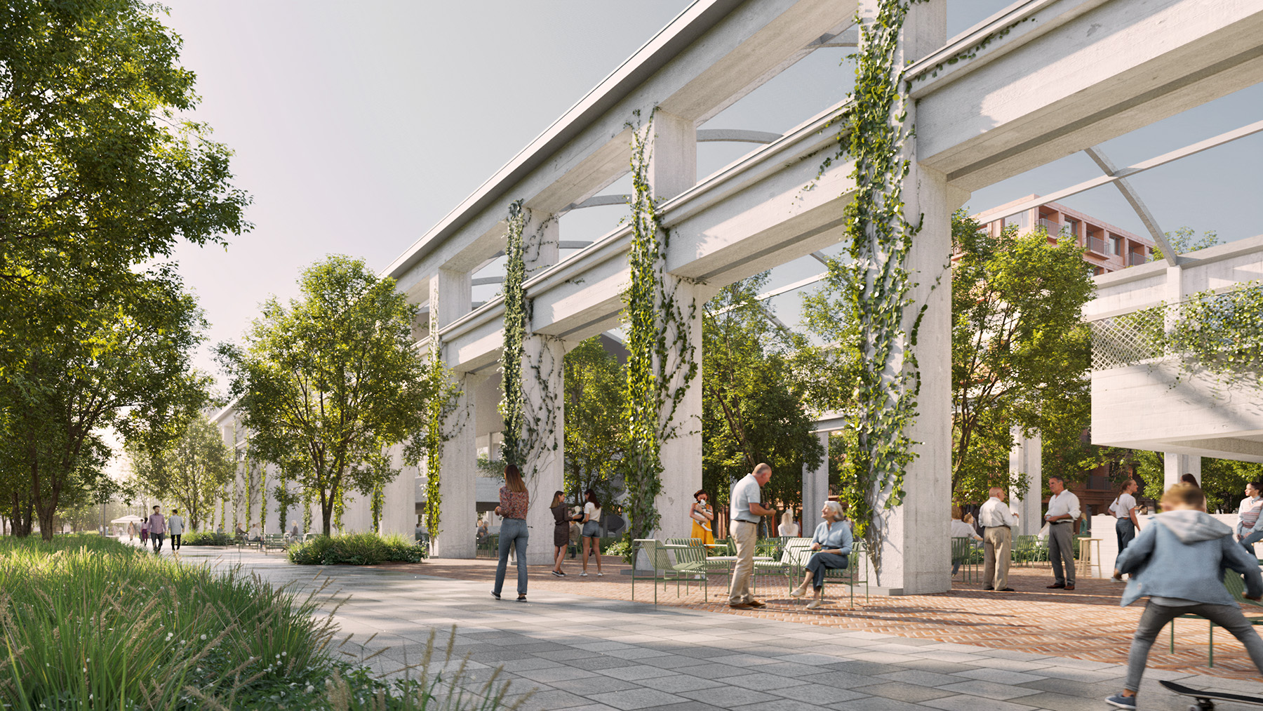 Image shows a walkway strewn with greenery and outdoor eating spaces.