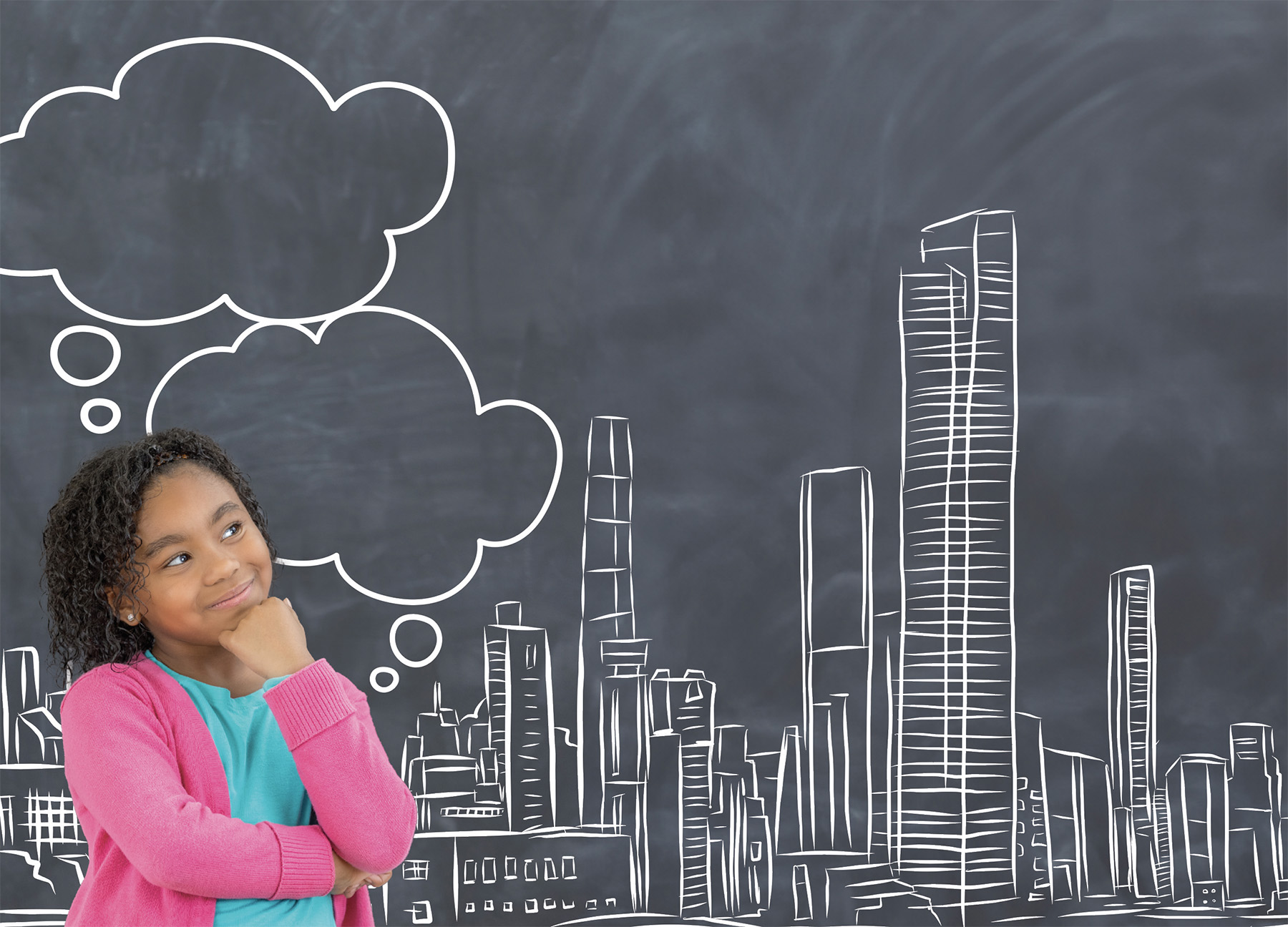 Little girl in turquoise shirt and pink sweater stares off into the distance. She is standing in front of a chalkboard like background that has buildings of various sizes on it. 