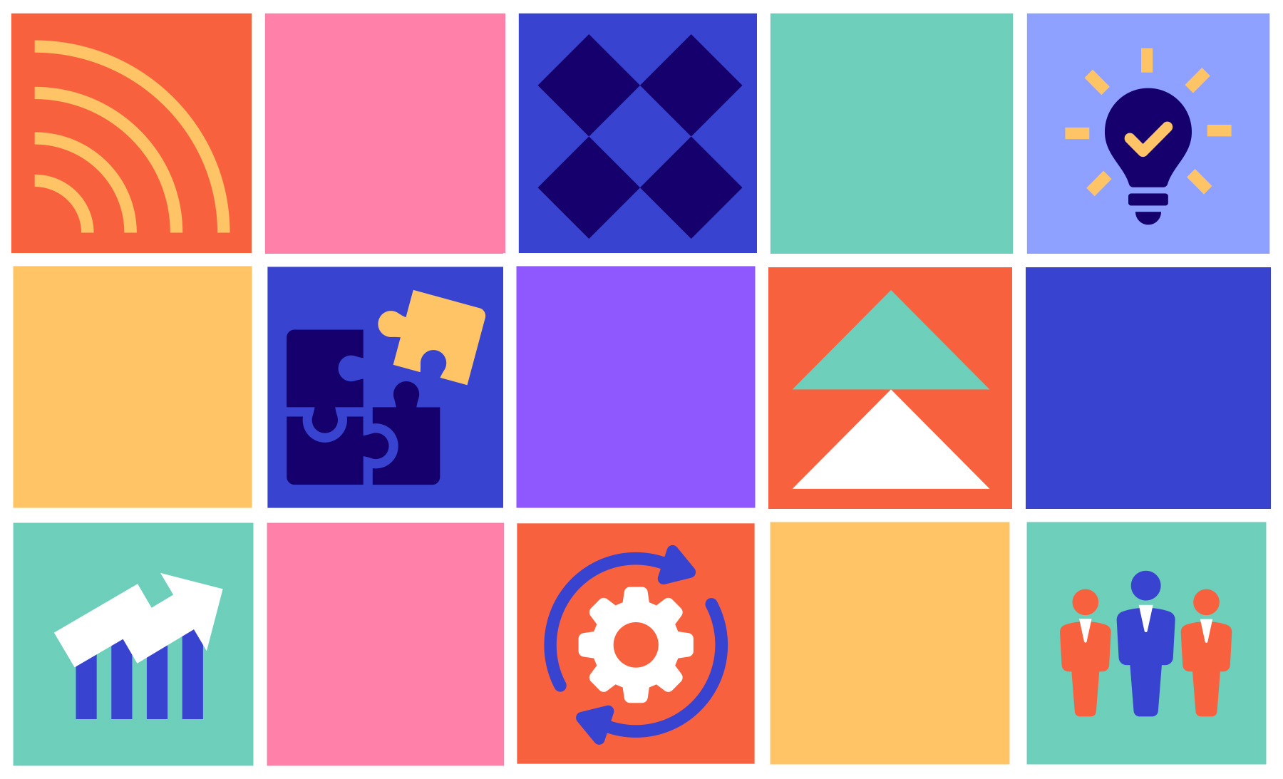 In a grid of boxes are multiple drawn images, such as puzzle pieces, arrows, a lightbulb, people, etc.