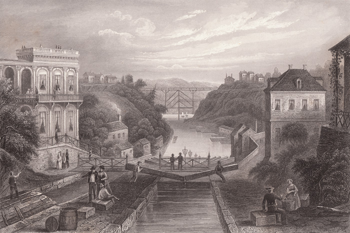 Lithograph of the Erie Canal at Lockport, New York c.1855. Published for Herrman J. Meyer, 164 William Street, New York City.